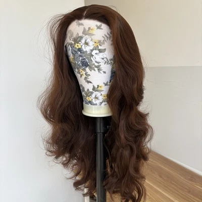 Peluca frontal de encaje en T resistente al calor de cabello sintético para mujer marrón oscuro larga ondulada Foto 1 de 4