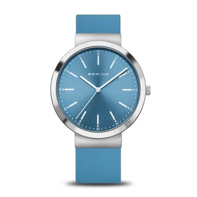 Bering Time - Reloj de cuarzo unisex plateado y azul con correa de silicona - 10141-398 Foto 1 de 4