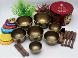 Set of 7 Mantra etched Singing bowls - handmade in Nepal - meditation, yoga - Picture 1 of 7