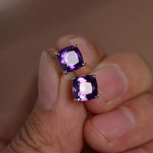 Natural Amethyst Cushion Stone 925 Sterling Silver Women Designer Stud Earrings - Picture 1 of 8