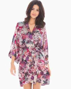 SAMANTHA CHANG Classics Silk Short Floral Pink Kimono Robe L16630 One Size - Picture 1 of 3
