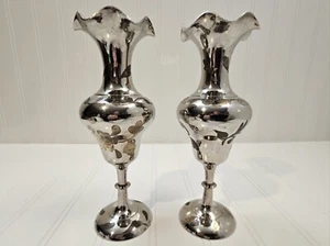 Vintage Set of 2 Sterling & Brass Bud Vases Etched Floral Design Made in India - Picture 1 of 9