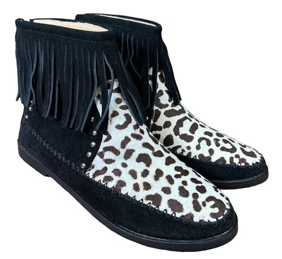 MONTANA WEST Black White Fringe Cowhide Suede Size 8 Western Boho Navaho - Image 1 of 4