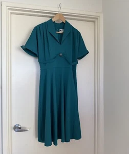 Hell Bunny Vixen Dress Size L Turquoise Waist Brooch Belt Detail Rockabilly 50s - Picture 1 of 14
