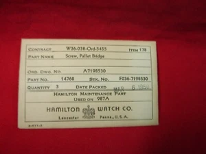 WRISTWATCH PARTS  HAMILTON 987A PALLET BRIDGE SCREW MILITARY PACK ITEM 178 - Picture 1 of 2