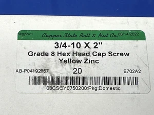 SET BESTEHEND AUS 20 - 3/4-10 x 2 Zoll Sechskantschraube gelb Zink Klasse 8 Kupfer Zustand - KOSTENLOSER VERSAND - Bild 1 von 3