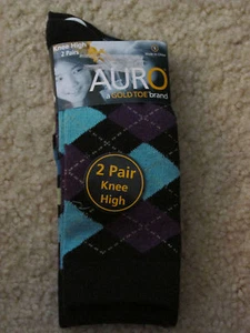 New 2 Pairs Girl's Auro Gold Toe Knee High Socks Blue Argyle Diamond Size Small - Picture 1 of 2