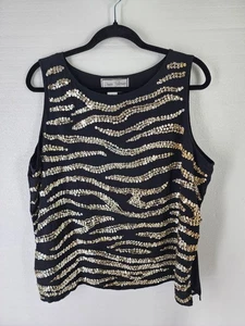 Diane Gilman Womens 1X Black 100% Silk Tank Top Gold Sequins Zebra Stripes - Picture 1 of 7
