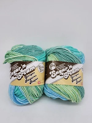 Lily Sugar ‘n Cream Yarn Blue Green Country Stripes, Set of 2, Knitting Crochet - Image 1 of 4