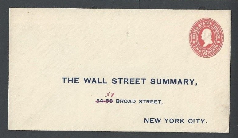 1899 U362 2c Carmine On White Mint Entire W/Preprinted Address For Wall Street-- - Image 1 of 1