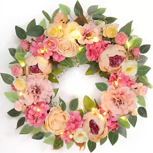 Peony Floral Wreath 22" Spring Wreaths for Front Door & Lights Timer Large Pink - Picture 1 of 7