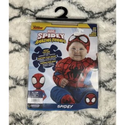 MARVEL Spider-Man Spidey Jumpsuit Cap Booties Costume Baby Infant 6-12m *NEW* - Image 1 of 4