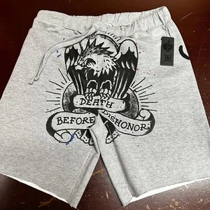 Ed Hardy Herren grau hellbraun elastisch Taillentaschen grafische Schweißshorts Größe L XL - Bild 1 von 5