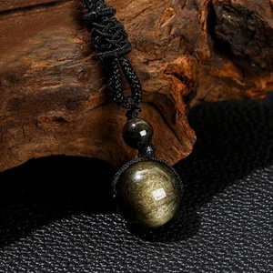 Gold Sheen Obsidian 16mm Round Bead Pendant Healing Women Men Necklace Amulet - Picture 1 of 5