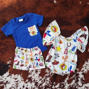 Summer Baby Sibling Western Design Boys Shorts Set Girls Romper - Picture 1 of 5