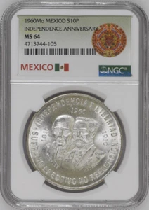 :1960-Mo S10-PESOS MEXICO INDEPENDENCE ANNIVERS KM#476 NGC MS-64 LOW-POP ~R-6 - Picture 1 of 2