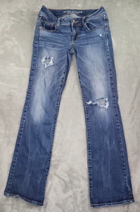 American Eagle Kick Boot Jeans Women's Size 6 Mid Rise Distressed Blue Denim Zip - Picture 1 of 21