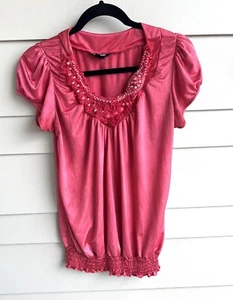VTG My Michelle Blouse Pink Coral Short Sleeve Elastic Waist Y2K Sz M - Picture 1 of 5
