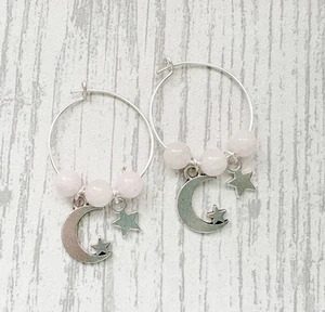 Silver Crystal Moon Hoop Earrings Gemstone Bead Jewellery Dangly Stone Gift Her - Picture 1 of 10