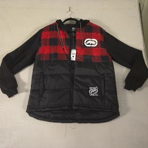 ECKO Black/Red Plaid Puffer Jacket Men's Large Front Zipp Drawstring Hood NWT - Picture 1 of 14