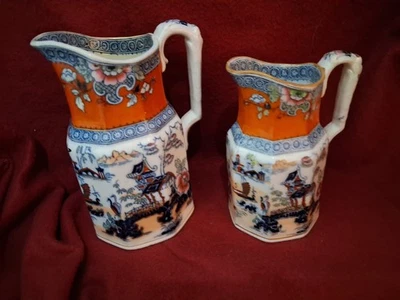 2 Antique Victorian Chinoiserie Masons Style Hexagonal Jugs Birds Chinese Temple - Image 1 of 4