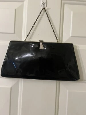 Vintage 50s-60s Black Patent Clutch Bag Brass Clasp, Frame & Chain - Image 1 of 4