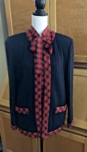VTG Castleberry Tie-Neck Blouse & Textured Knit Jacket Black and Red Plaid 12 - Picture 1 of 13