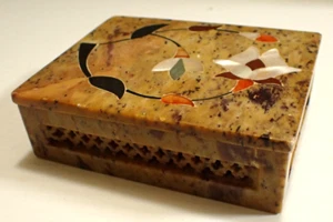 Vintage Carved Pierced Wall Soapstone Inlaid Trinket Box - Card Box - Flower - Picture 1 of 18