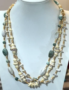 Multi Strand Green Gray Agate Cream Calcite Wood Silver Tone Necklace - Picture 1 of 5