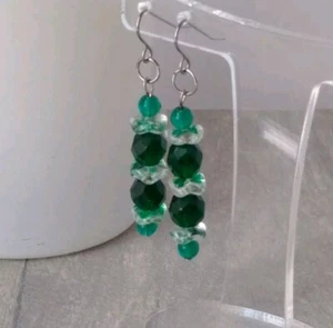 Green Glass Bead Stack Earrings Dangle Drop Classic Reclaimed Beads Occasion - Picture 1 of 13