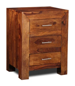 SOLID SHEESHAM WOOD CUBE 3 DRAWER BEDSIDE UNIT NEW INDIAN FURNITURE - Picture 1 of 4