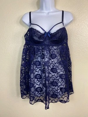 Lencería Just Sexy Azul Transparente Encaje Babydoll Lencería Cami Top Talla XL Con Aros Foto 1 de 4