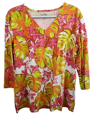 Top de mujer Coral Bay grande naranja rosa estampado de hojas tropicales manga 3/4 cuello en V Foto 1 de 4