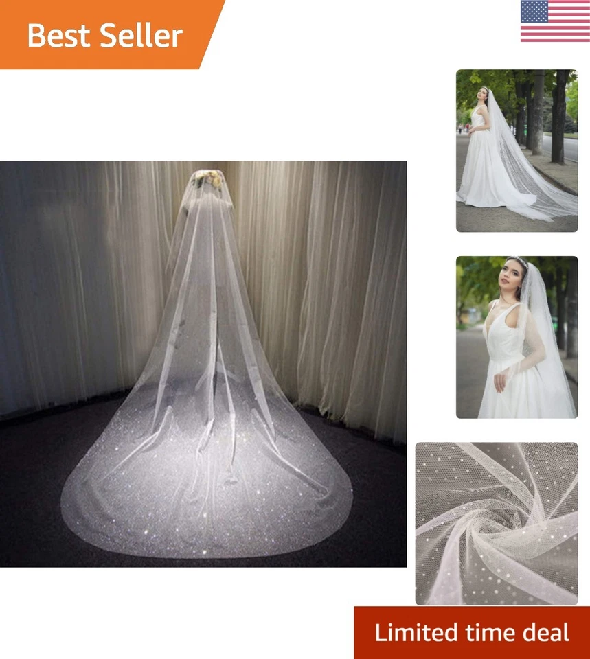 Lujoso velo de novia con diamantes de imitación: longitud de catedral artesanal, marfil brillante Foto 1 de 4