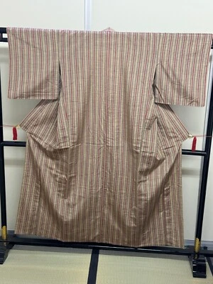 Japanese Vintage Kimono Pure Silk beige red stripes tradition Height 62.59in - Image 1 of 4