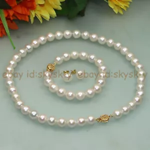7-8/8-9/9-10mm Natural White Freshwater Pearl Necklace Bracelet Earrings Set - Picture 1 of 9