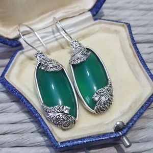 925 Sterling Silver Earrings, Genuine Green Chalcedony Dangle, Art Nouveau Style - Picture 1 of 6