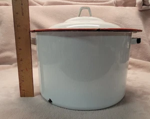 Vintage White Enamel Graniteware Stockpot Camping Cooking Pot With Lid - Picture 1 of 23