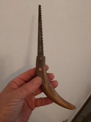 SCIE ANCIENNE A GUICHET XIXEME FORGEE MAIN VITICULTEUR/HORTICULTEUR MANCHE CORNE - Photo 1/4