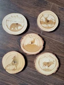 Woodland Animals Deer Elk Moose Bear Wolf Laser Engraved Wood 5pc Coaster Set - Picture 1 of 2