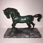 Cast Iron Prancing Green Horse On Marble Stone Base