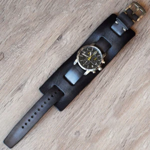 Black with gray leather watch strap bund 18-26 mm hand crafted bicolor cuff band - Picture 1 of 4