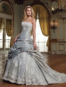 Rüschen Taft Vintage Brautkleid Silber Lang Brautkleider Trägerlos Viktorianisch - Bild 1 von 11