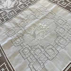 Lace & Embroidered Panel Tablecloth Cream French Country 68x102 Drawn Stitched - Picture 1 of 15