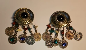 BoHo Vintage 1980s Artisan Chunky Dangle ClipOn Earrings Jewelry - Picture 1 of 9