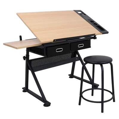 MDF Adjustable Height Drafting Desk Drawing Table with Stool and Drawer, Black - Image 1 of 4