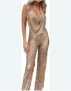 Ladies Sexy Sequin V Neck Backless Jumpsuit Slim Fit Sleeveless Romper Large - Picture 1 of 8