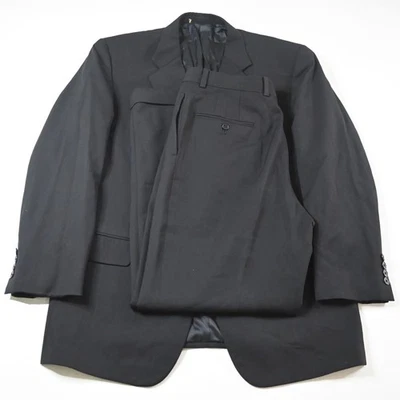 Vtg Y2K Boxy 2000s 42R 32x32 Black Herringbone 100% Wool Mens Jacket Pants Suit - Image 1 of 4