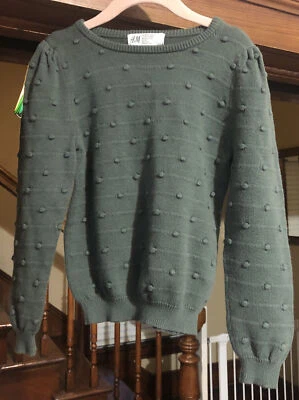 H & M Size 5T/6 Girl’s Green Sweater Raised Polka Dots Ribbed Cuffs Holiday - Image 1 of 4