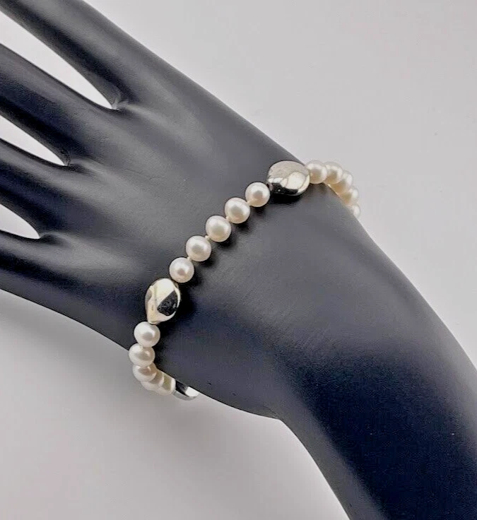 925 STERLING SILVER APPROX 6MM WHITE PEARL SILVER BEAD BRACELET 7.5" 3725 - Image 1 of 1